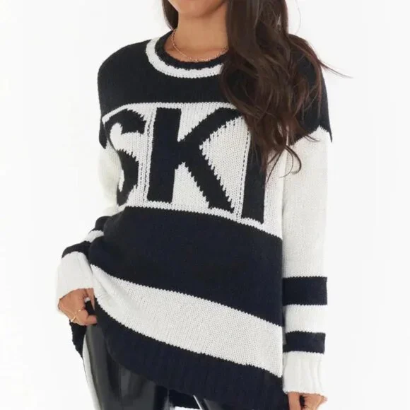 Show Me Your Mumu SKI Black and White Knit Chunky Sweater Oversized Size Small - Picture 3 of 11